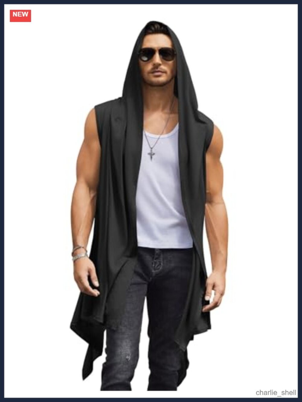 Men's Long Hooded Sleeveless Cardigan Ruffle Shawl Collar Lightweight Open